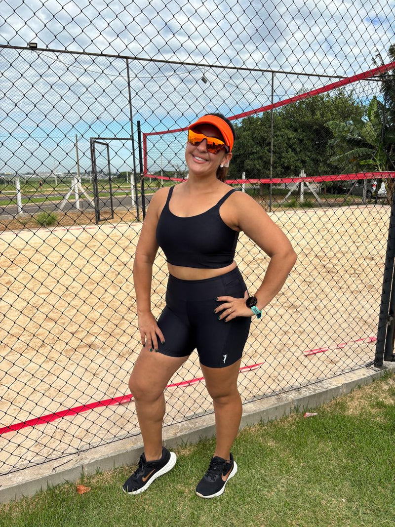 CONJUNTO TOP E SHORTS MULTIBOLSOS PATI MODA FITNESS Preto