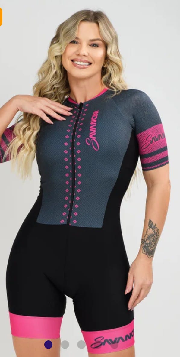 Macaquinho Ciclismo Feminino - Forro em Gel - Cinza e Rosa Evolution Savancini